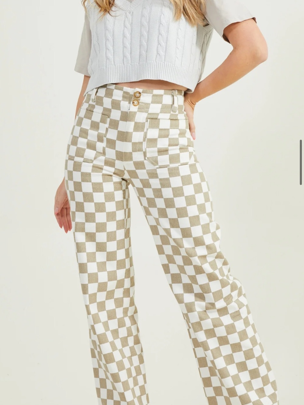 Altar'd State Neutral Checkered Jeans - Cream & Tan